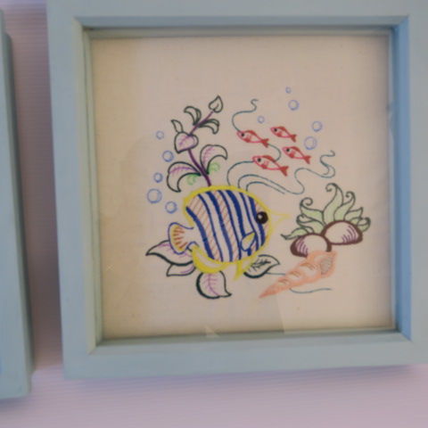 Embroidered Under the Sea 2 Fish in Duck Egg Blue Frame