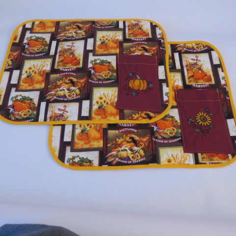 Autumn Table Mats with Embroidered Cutlery Pocket