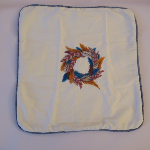 Embroidered Feather Wreath design on Cushion White