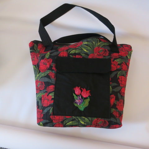 Embroidered Quilted Tulip Design Tote in Black and Red