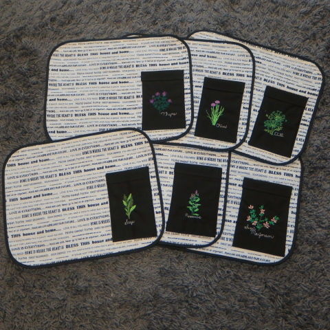 Set of Dining / Alfresco Table Mats with Cutlery Pocket Embroidered with Herb Design