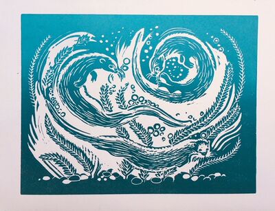 Otters - lino print