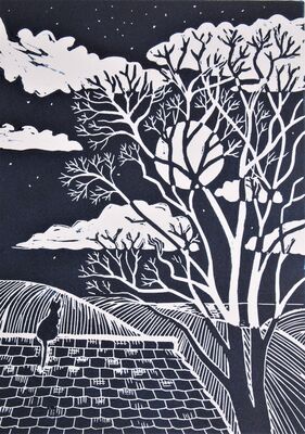 cat on Roof - lino print