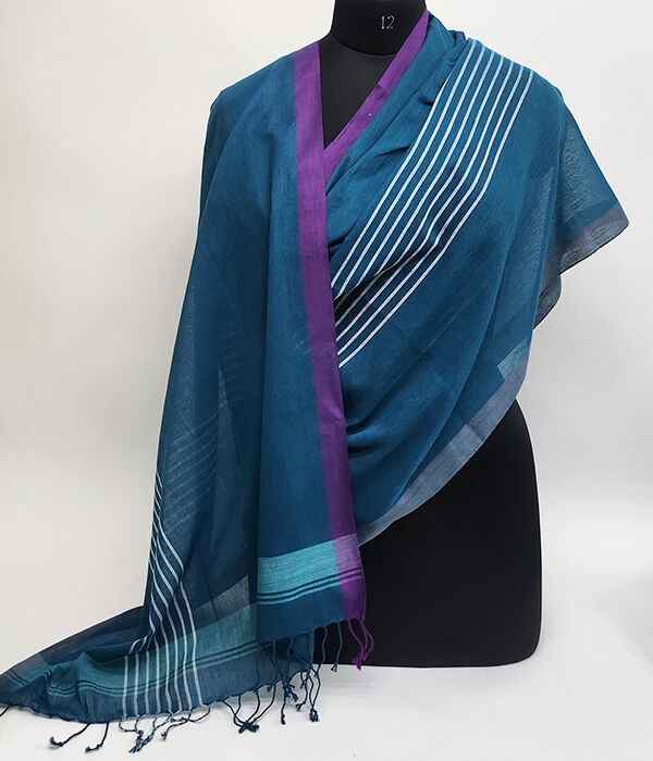 Dark teal and purple fine cotton scarf draped over mannequin.