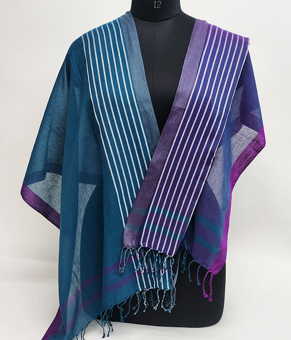 Dark teal and purple fine cotton scarf draped over mannequin.