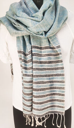 blue, black and white silk scarf tied on a mannequin