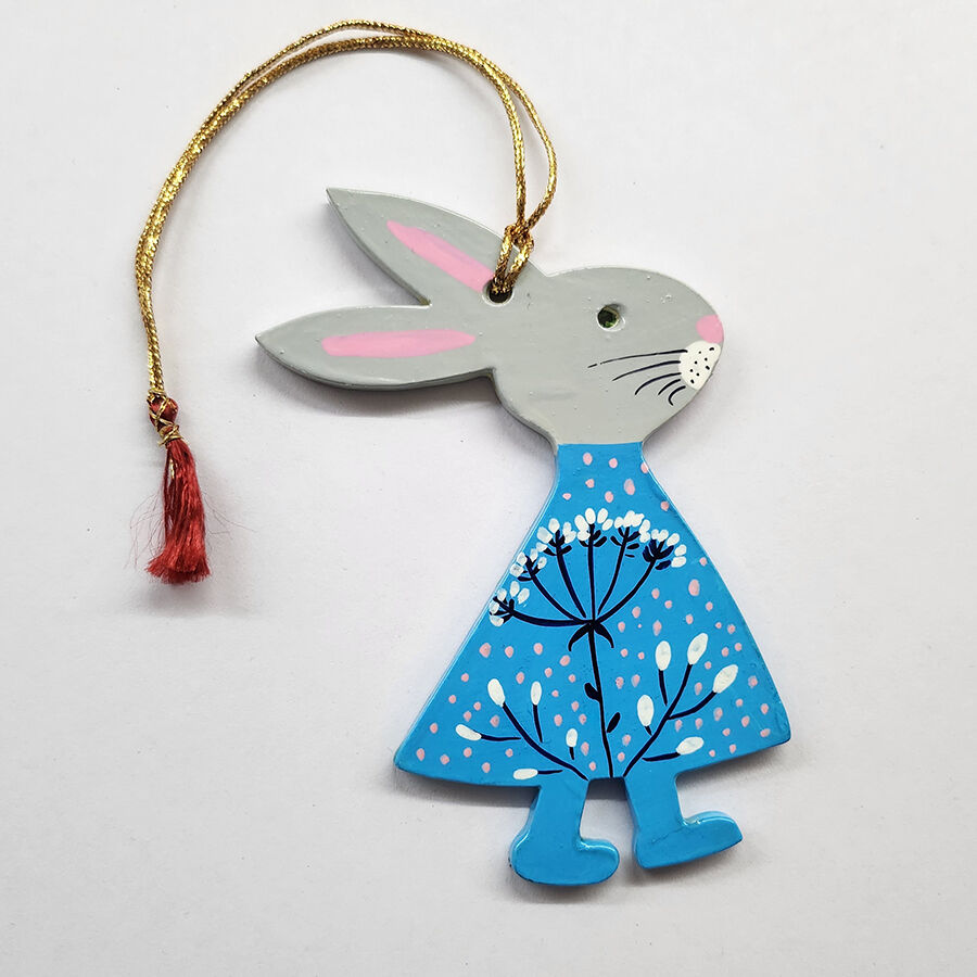 Hand painted Easter Bunny hanging blue body with grey head