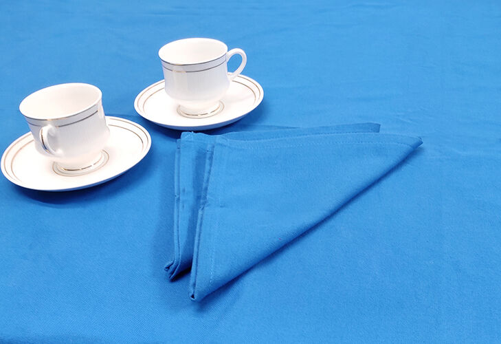 Blue Tablecloth with matching napkins and two white tea cups and saucers