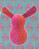 Butterball Baby Bunny Round Bottomed Easter bunny soft toy made of different coloured printed cotton, with tiny embroidered eyes and big ears sticking out.