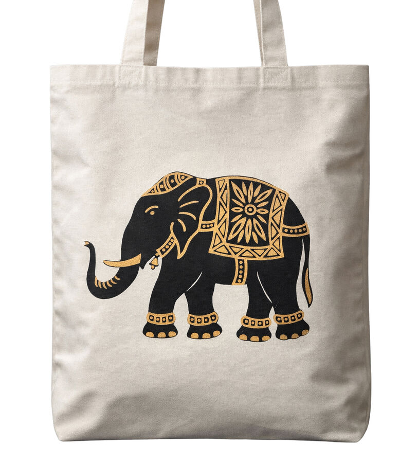 A natural coloured canvas tote with a black and gold printed elephant