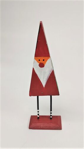 Triangular shaped Elf made of wood with metal legs fixed into a red painted wooden stand. The Elf looks like Father Christmas.