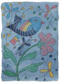 G-122022 Greetings Cards Greetings card with a branch and flowers and a bird painted in dots and dashes like an embroidery. Blue background.