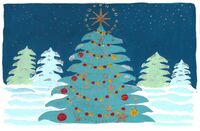G-172022 Christmas Card Christmas card decorated with five fir trees one at the front is decorated for Christmas, the ground looks snowy and the night sky is dark blue with some stars