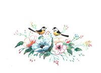 G-182022 Greetings Card Greetings card white background on which is painted a spray of flowers and two yellow breasted birds facing each other