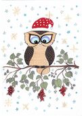 G-192022 Christmas Card Christmas card decorated with a funny owl wearing specs and a santa hat and sitting on a branch of leaves with red berries hanging down