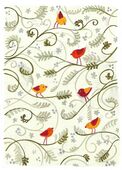 G-222022 Greetings Card Greetings card. Pale green background covered with trailing leaves and dotted with red and pink and orange birds.
