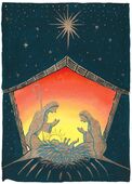 G-312022 Christmas Card Christmas card decorated with a nativity scene of a stable with Mary and Joseph and the baby in a manger a star is shining overhead in the dark sky