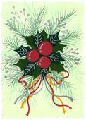 G-352022 Christmas Card Christmas card depicting a circle of green holly with three red berries in the middle and tied with brightly coloured cords