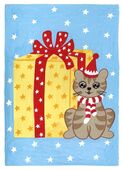 G-382022 Christmas Card Christmas card dipicting a brightly coloured gift wrapped parcel with a cat sitting beside it wearing a Santa hat and red and white wooly scarf