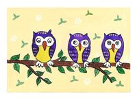 G-462022 Greetings Card Greetings card depicting three purple and yellow owls sitting on a branch against a yellow back ground