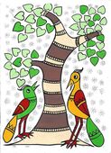 G-522022 Greetings Card Greetings card depicting two exotic birds standing either side of e curved tree trunk with branches covered in heart shaped leaves handing over them.