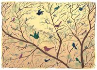 G-542022 Greetings Card Greetings card depicting a forest with lots of barely covered branches and many birds in flight or on the branches. The light suggests the evening and is sand coloured.