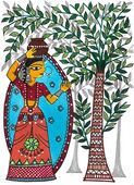 G-562022 Greetings Card Greetings card depicting an Indian woman with a pot on her head. She is wearing a long patterned skirt and a big blue scarf and is standing under a tree. In the style of Madhubani art.