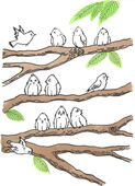 G-592022 Greetings Card Greetings Card depicting the outlines of birds sitting on the branches of a big tree. Each bird has a different expression.. The background is white.
