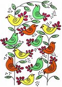 G-612022 Greetings Cards Greetings card depicting a bunch of brightly coloured birds stacked vertically on leafy stems against a white background.