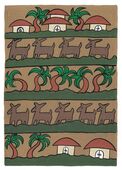 G-622022 Greetings Card Greetings card brown background with horizontal row of village houses then animals then palm trees then animals and finally at the bottom two palm trees and two houses.