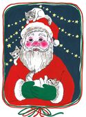 G-652022 Christmas Cards Christmas Card depicts a jolly red cheeked Santa holding a kitten and with another on his Santa hat and one more peeping over his left shoulder. The picture is framed with red and green ribbons shown tied at the bottom.