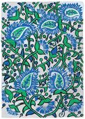 G-712022 Greetings Card Greetings card patterned with bright green and blue paisley designs on a white background.