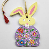 Sitting Hanging Easter Bunny, hand painted lilac with multi-coloured flowers