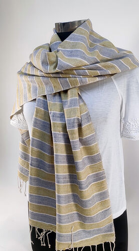 grey green and white striped silk scarf coiled