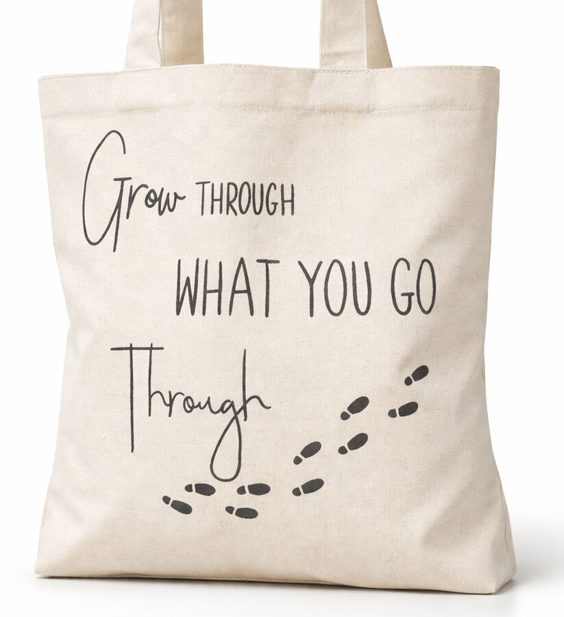 A natural coloured canvas tote bag with a printed message saying "Grow Through What You Go Through" and some footsteps.