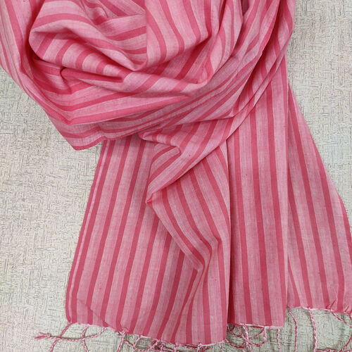 Cotton scarf, pink stripes, twisted fringes