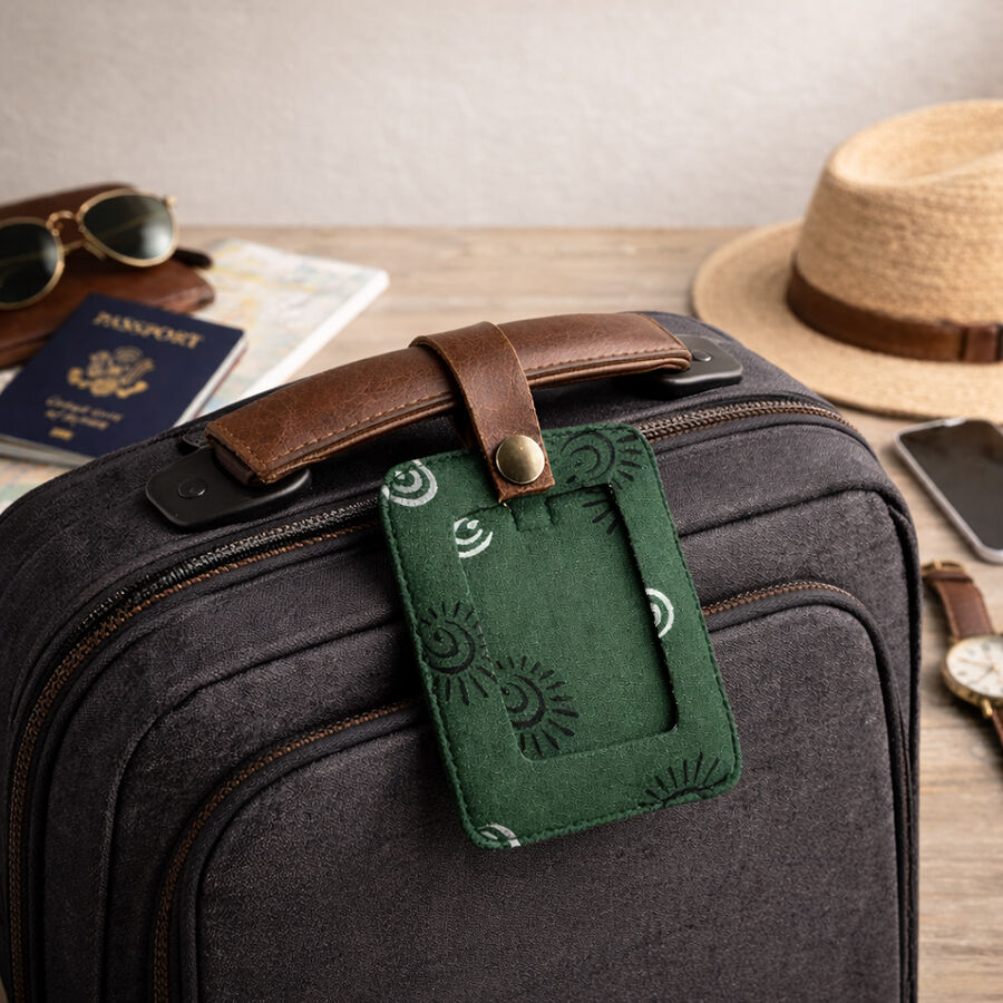 Dark coloured suitcase with a smart green sewn luggage tag. There is a passport and a sun hat in the image too