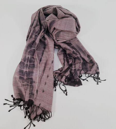 lilac and purple tie and dye silk scarf drapped on a mannequin