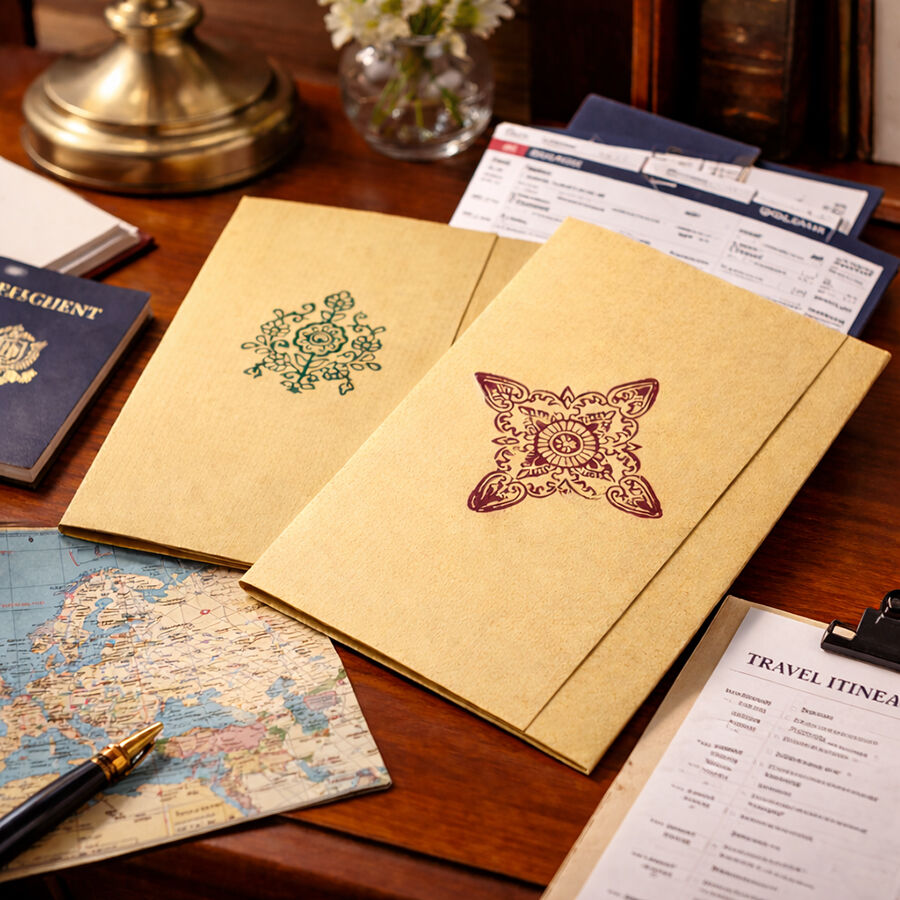 Two hand made paper document folders with printing on the front, resting on a desk with travel documents all around