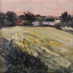Studio View, Dusk Acrylic and Charcoal 200mm x 200mm