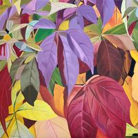 Autumn Leaves #5 Colourful Autumn leaves on a 24 x 24 inch stretched canvas. Big and bold leaves. Oil painting