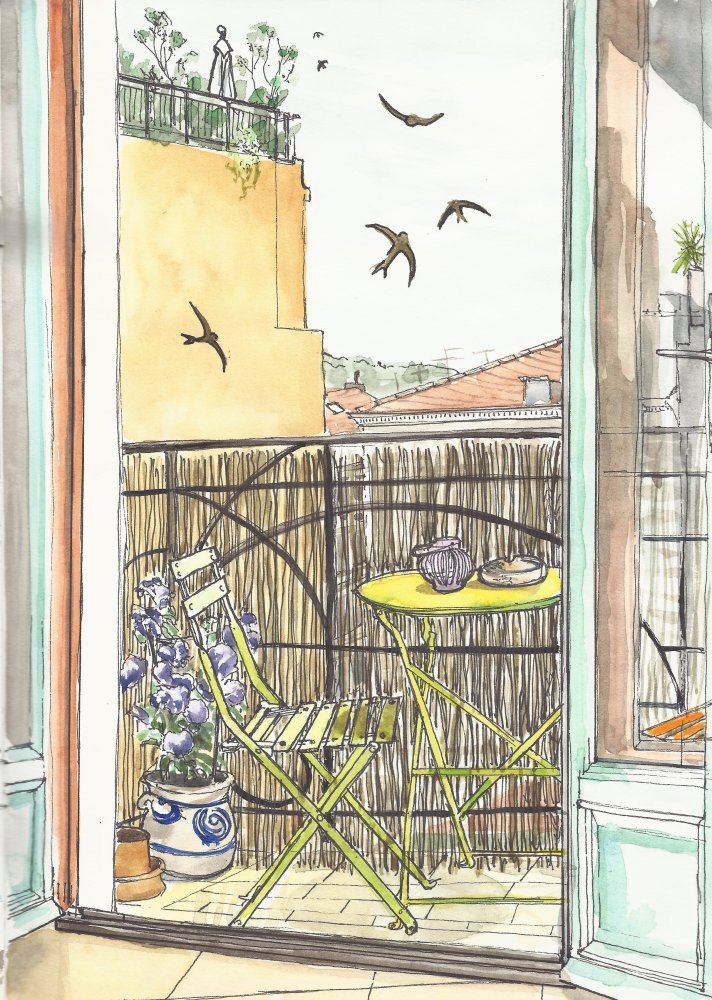 Apartment balcony with swallows.