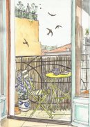 Apartment balcony with swallows.