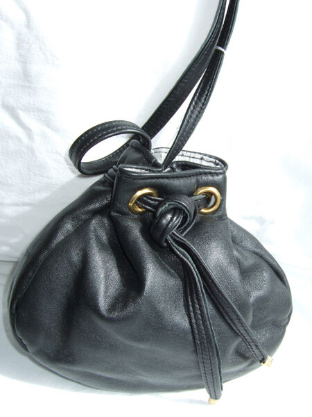 Black leather drawstring bag