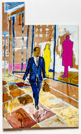 George Osborne Goes to Work 2018 Phill Hopkins George Osborne Goes to Work 2018 a painting by Phill Hopkins Acrylic, emulsion paint, gloss paint, varnish on found board 63 x 38 cm Photo Tim Balls