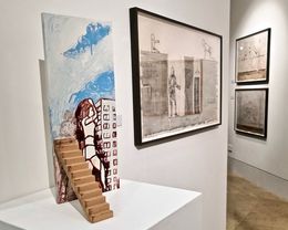 Installation view 'Carl Plackman & his circle' at Pangolin Gallery, London. 'The Giantess and The Tower Block' 2018 next to Carl Plackman's 'Pitfalls' 1980.