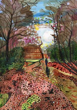 Walking Ahead (Teal Coat Towards The House And The Low Sun Above) 2025. Acrylic Ink and paint on paper  29.7 x 21 cm / 11.75 x 8.25 in