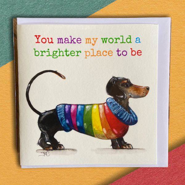 Beau, rainbow dachshund card