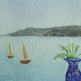 Two Sails with Vase. Watercolor on Paper. 3 x 2.5 cm