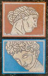 Garden mosaic commission by Sue Kershaw, mosaic artist,  Aphrodite and Eros